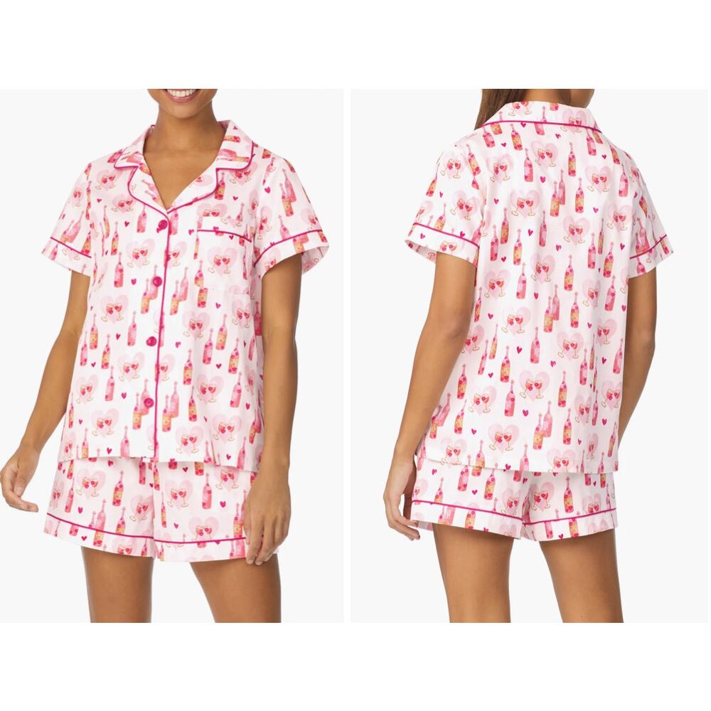 NWOT BedHead Shortie Pajama Set Rosé All Day Pink Bottle Print 100% Cotton XL